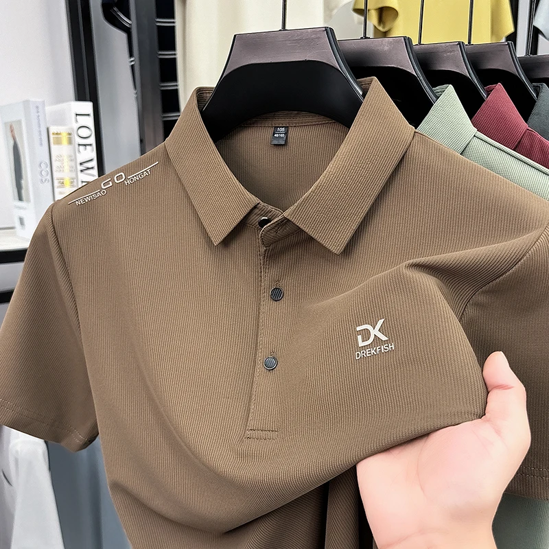 Outdoor Sport Outfit - DREKFISH 刺繍入りポロシャツ男性弾性アイスシルク半袖ソフト吸汗性オフィス衣装アウトドアウォーキングスポーツトップス