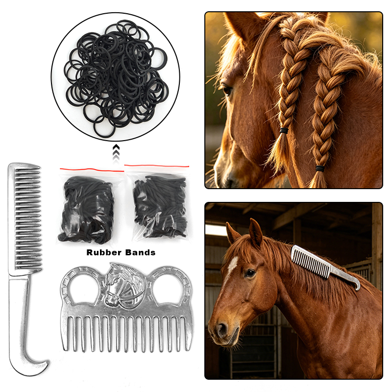 Grooming Kit Horse - 馬のたてがみと尾の手入れキット（ゴムバンド付き）、馬用のもつれ解消ブラシ、優しいヘアケア