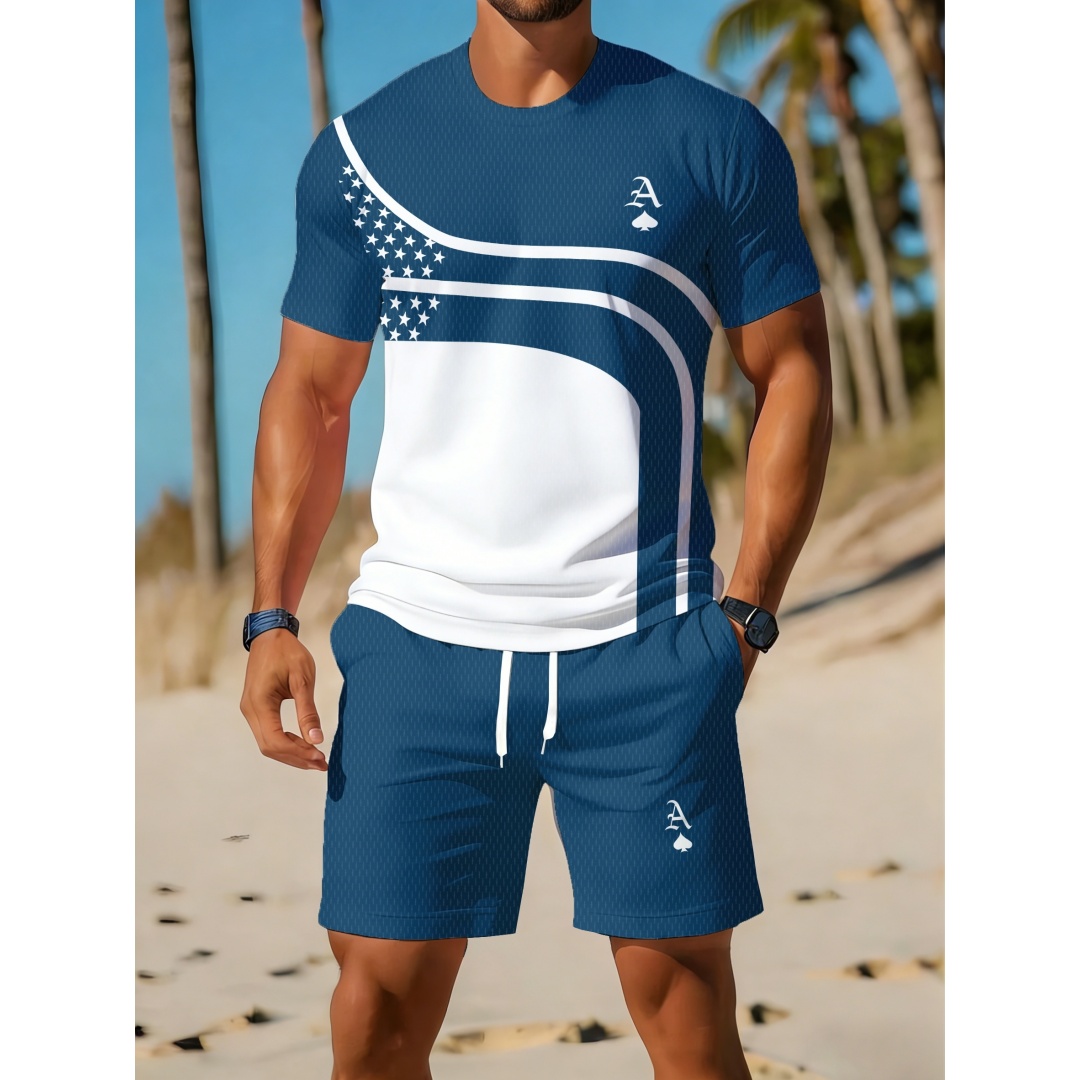夏のメンズカジュアルトレンド、曲線グラフィックプリントの2ピ - Outdoor Sport Outfit のレビューと価格