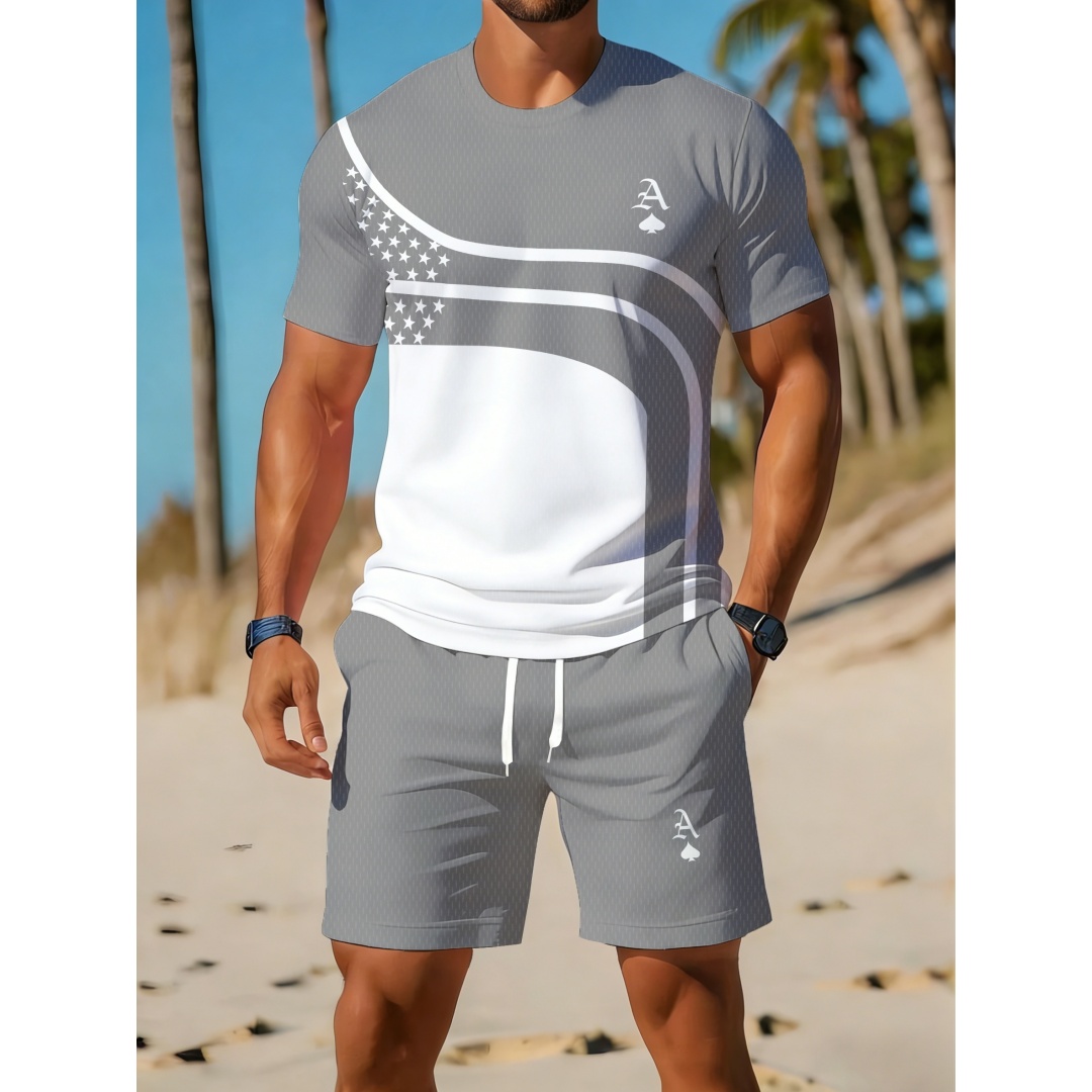 夏のメンズカジュアルトレンド、曲線グラフィックプリントの2ピ - Outdoor Sport Outfit のレビューと価格