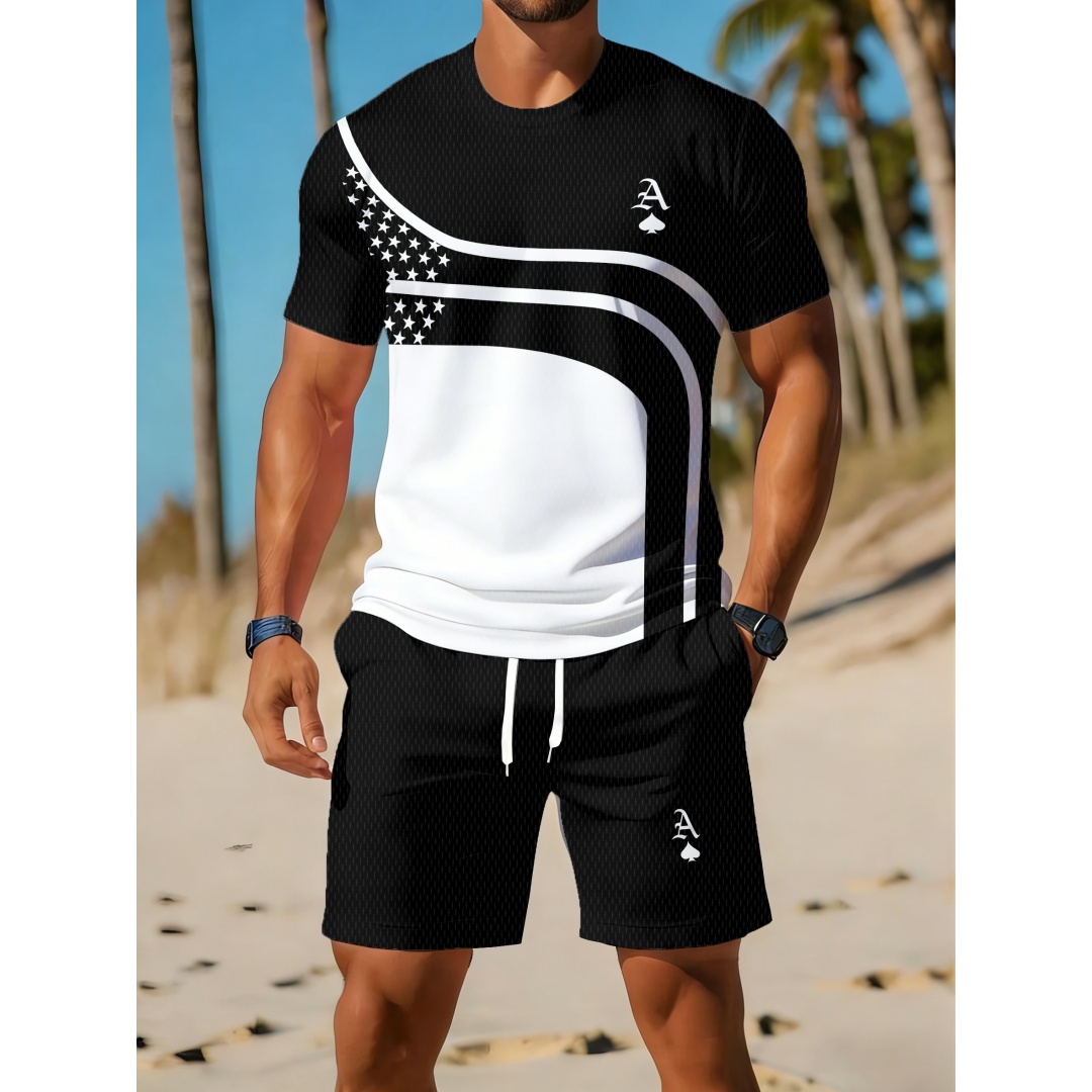 夏のメンズカジュアルトレンド、曲線グラフィックプリントの2ピ - Outdoor Sport Outfit のレビューと価格